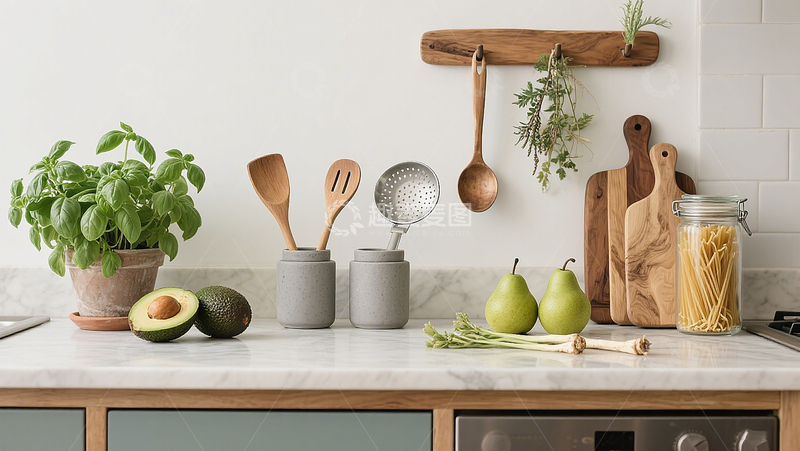 高清大图下载【趣麦麦图】简约清新厨房一隅台面上绿植蔬果与木质厨具