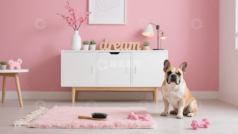 高清大图下载【趣麦麦图】甜美粉色温馨角落粉墙房间法斗犬乖巧坐地