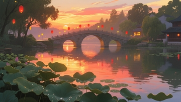 暮霞桥畔荷影摇壁纸