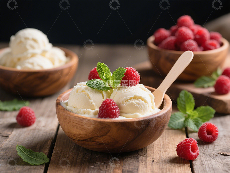 高清大图下载【趣麦麦图】夏日甜品美食木碗装冰淇淋球配树莓薄荷叶