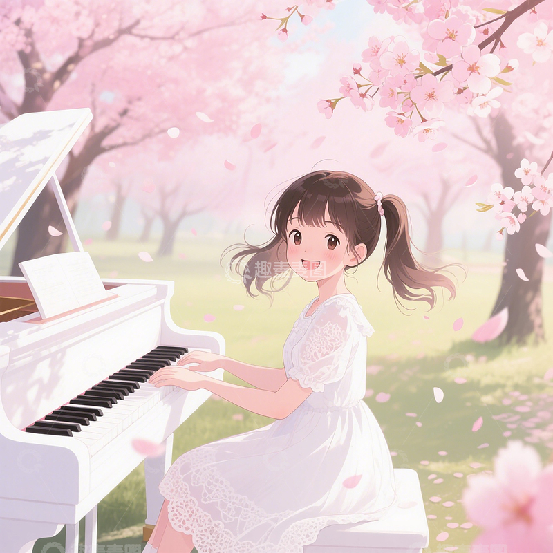 高清大图下载【趣麦麦图】插画素材樱花浪漫场景少女弹奏白色钢琴