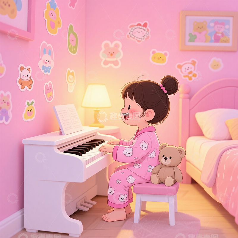 高清大图下载【趣麦麦图】童趣插画温馨粉色卧室小女孩穿可爱睡衣弹琴