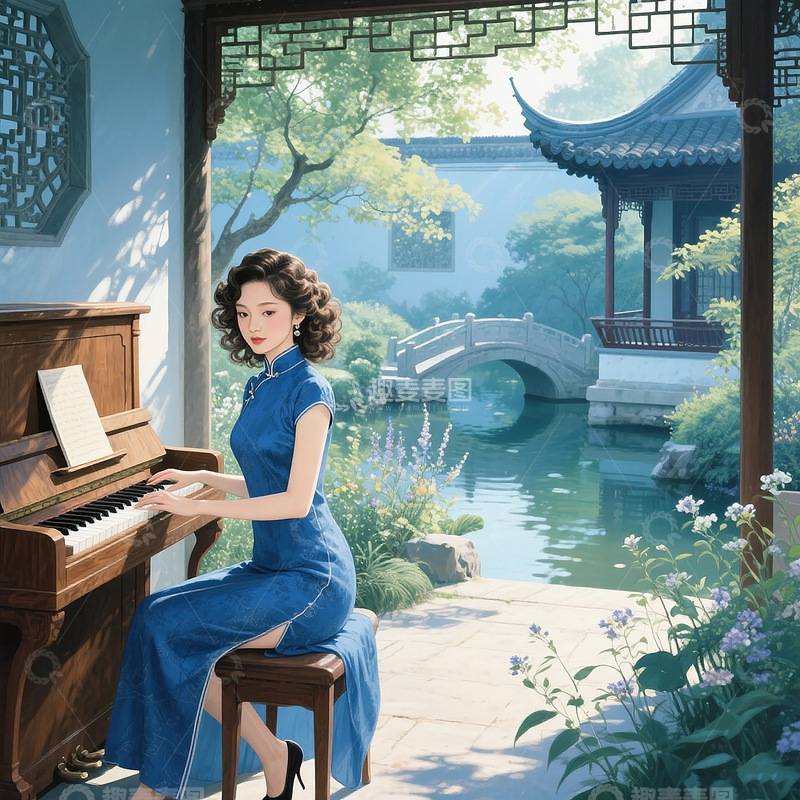 高清大图下载【趣麦麦图】插画素材中式园林背景旗袍女子弹钢琴