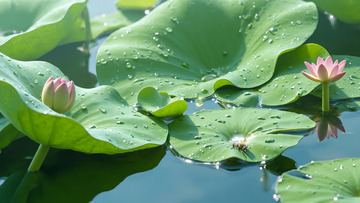 夏天景色荷花荷叶绿色池塘