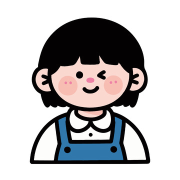 眨眼黑发女孩蓝背带插画