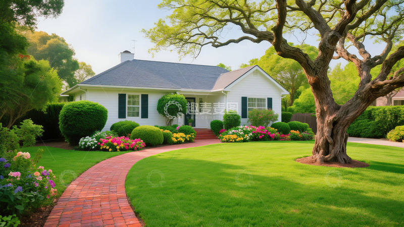 高清大图下载【趣麦麦图】静谧宅院白色小屋掩映修剪整齐的绿植