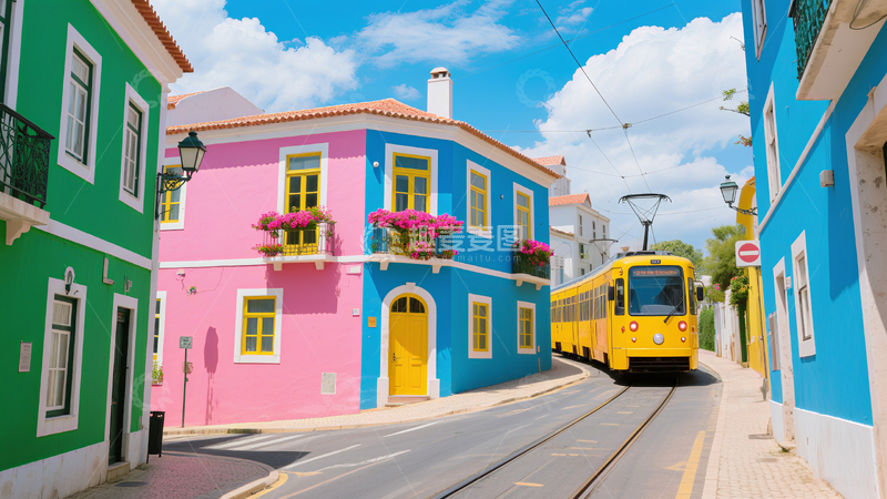 高清大图下载【趣麦麦图】街道景致色彩明艳建筑错落排列黄色电车穿行