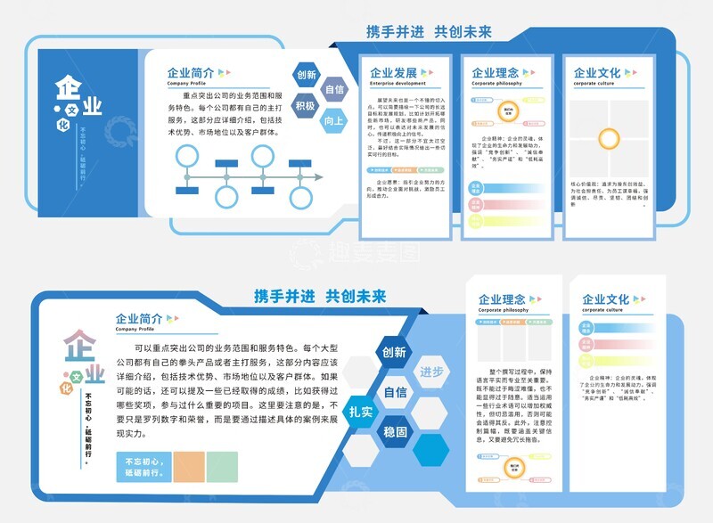 源文件下载【趣麦麦图】-蓝色文化墙,蓝色系展板,展板