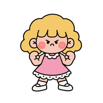 生气表情卷发女孩卡通插画