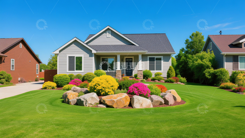 高清大图下载【趣麦麦图】雅致独栋住宅浅灰色独栋房屋搭配多彩花草