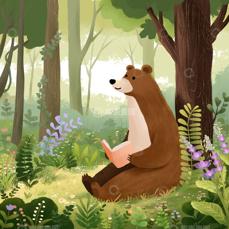 源文件下载【趣麦麦图】儿童童话故事绘本大熊坐在森林里看书