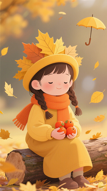秋天可爱抱柿小女孩儿童插画人物素材