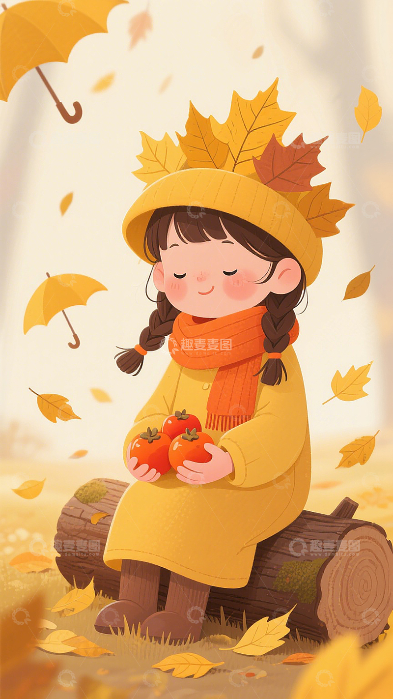 高清大图下载【趣麦麦图】立秋秋日可爱抱柿小女孩儿童插画人物素材
