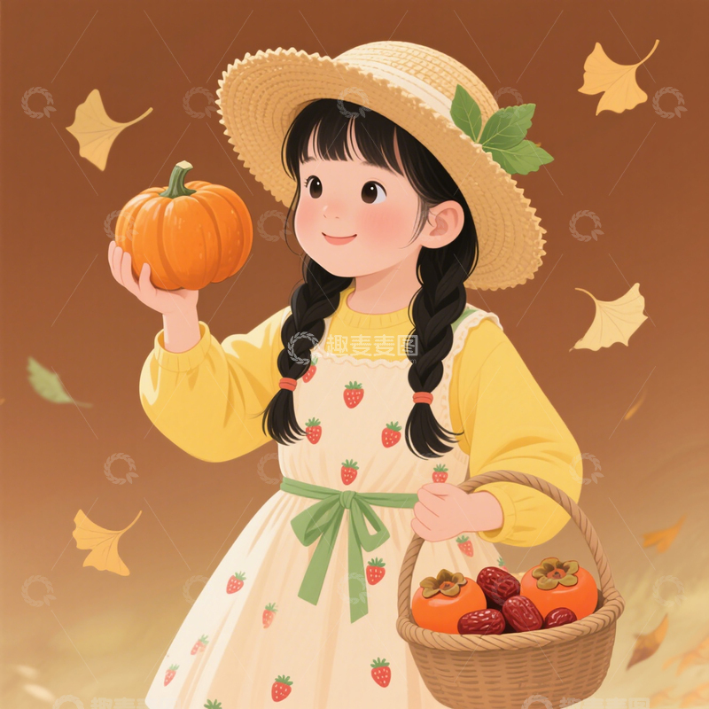 高清大图下载【趣麦麦图】秋日提着水果篮的可爱小女孩人物素材