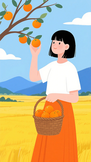 秋日摘橘少女插画素材丰收原野邂逅清甜