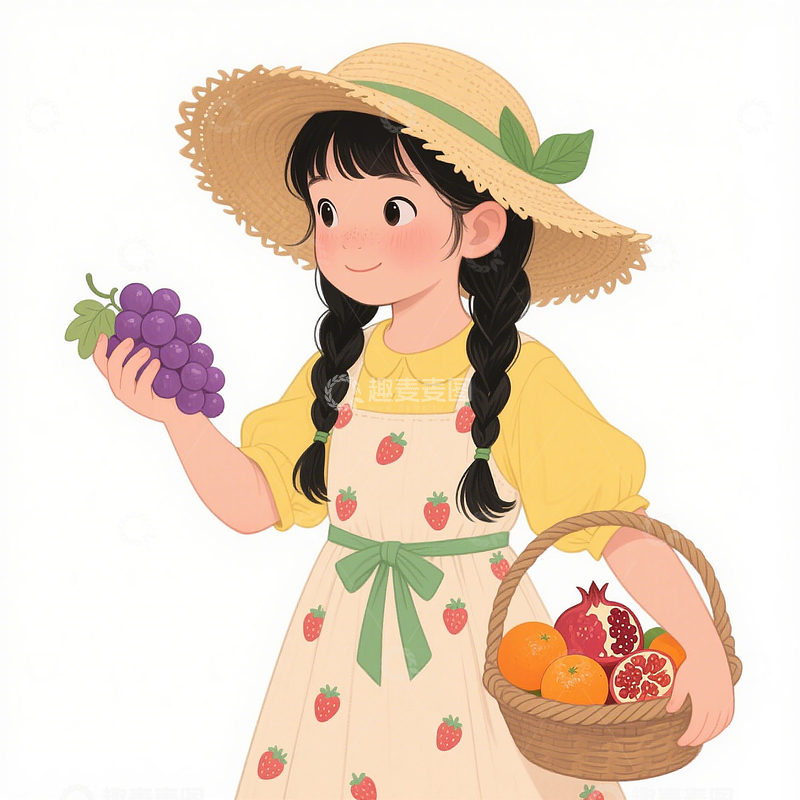 高清大图下载【趣麦麦图】戴草帽摘水果可爱小女孩插画人物素材