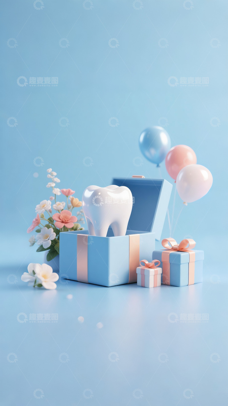 高清大图下载【趣麦麦图】口腔牙科诊所牙齿蓝色礼盒气球