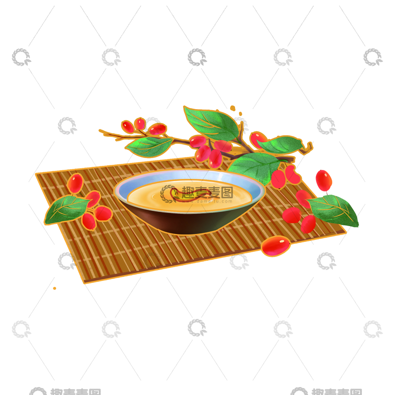 源文件下载【趣麦麦图】重阳节山茱萸浆果绿叶酒水竹席