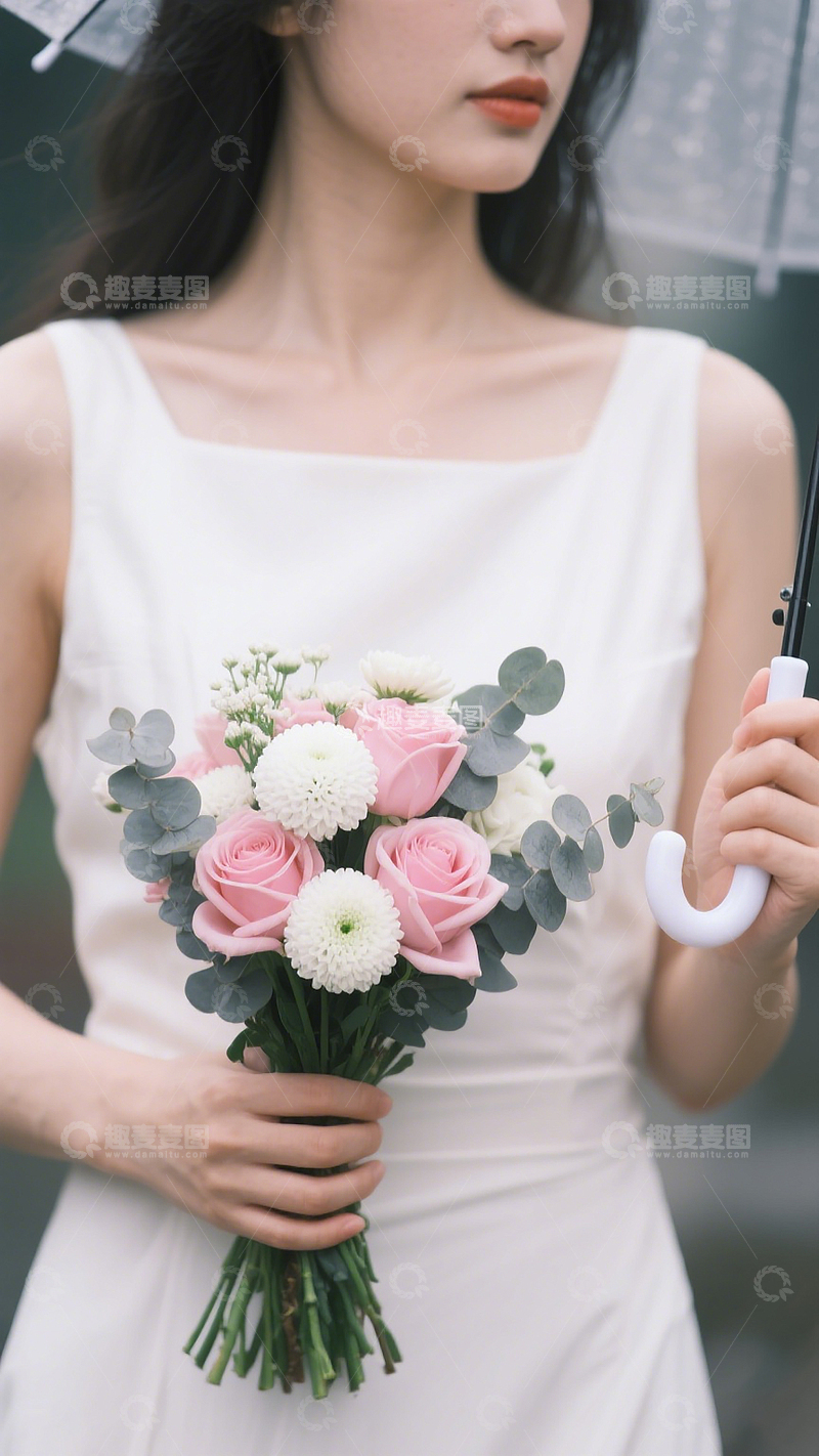高清大图下载【趣麦麦图】女子撑伞抱粉玫瑰白菊与尤加利花束