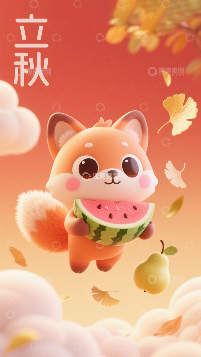 源文件下载【趣麦麦图】3D立体卡通狐狸云朵西瓜立秋节气海报