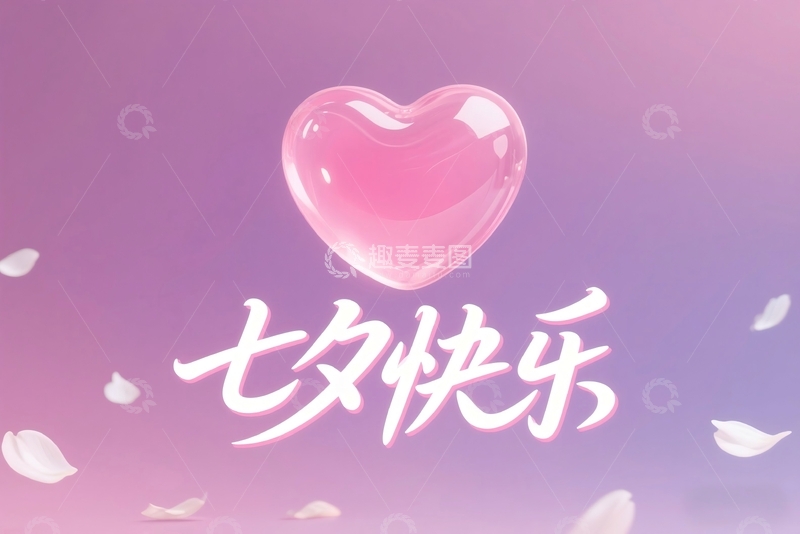 高清大图下载【趣麦麦图】渐变背景,七夕快乐,果冻爱心,花瓣元素