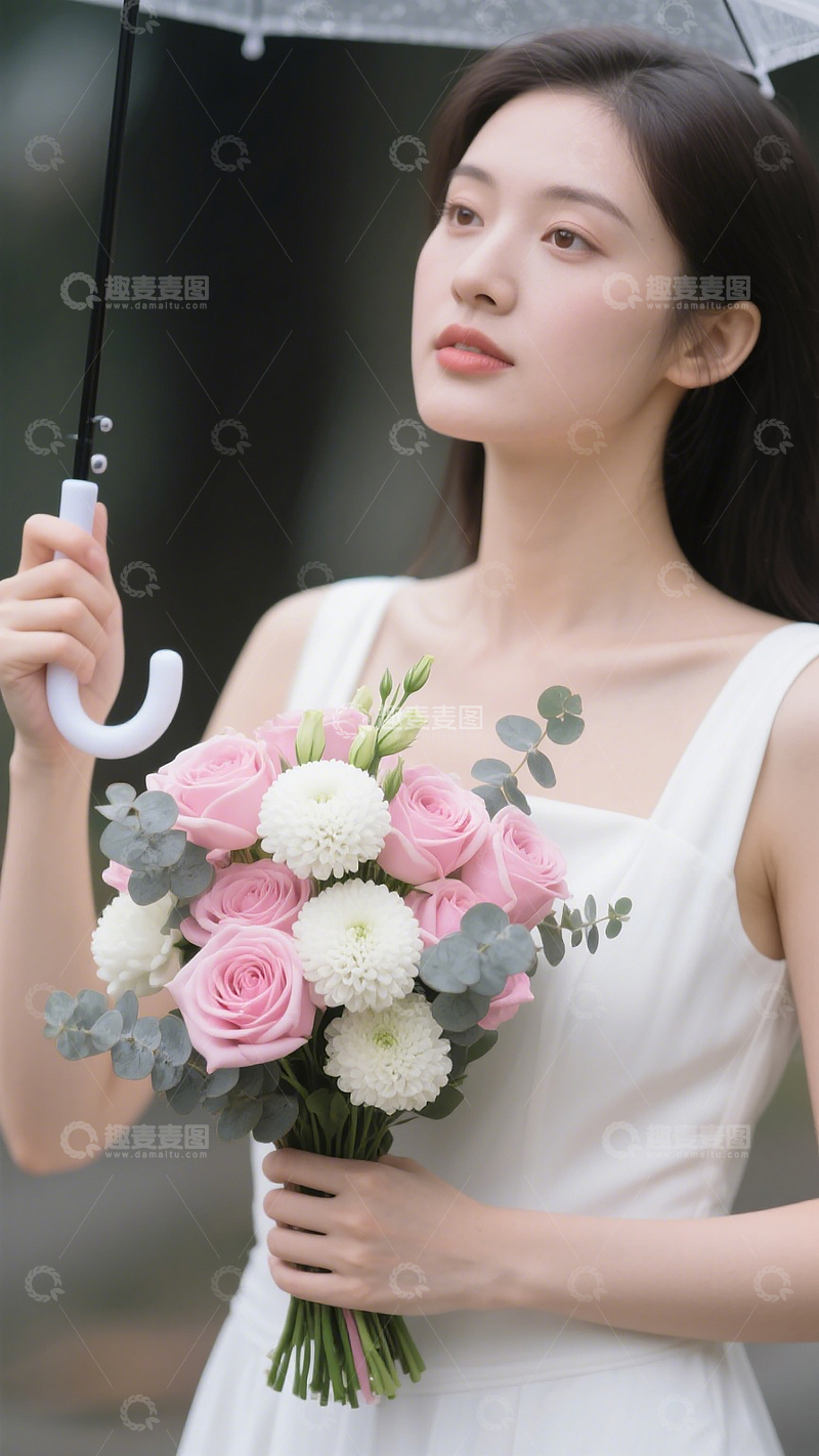 高清大图下载【趣麦麦图】女子着白裙持透明伞抱粉白花朵尤加利叶花束