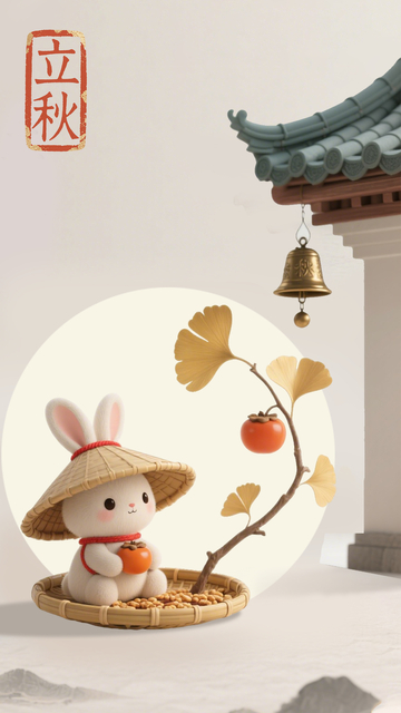 中国风古典兔子建筑银杏叶立秋节气海报