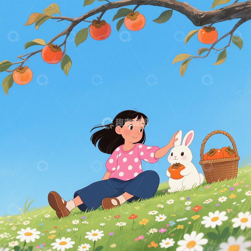 高清大图下载【趣麦麦图】秋日治愈插画女孩逗白兔抱柿篮中盛满柿子