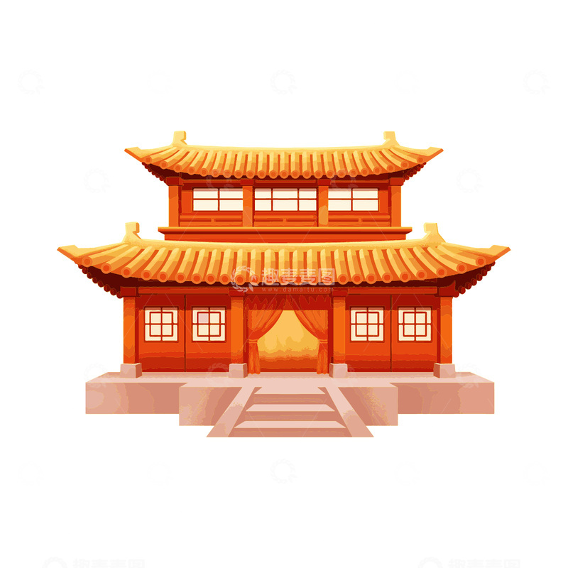 源文件下载【趣麦麦图】彩绘寺庙道观庙宇客栈建筑线稿