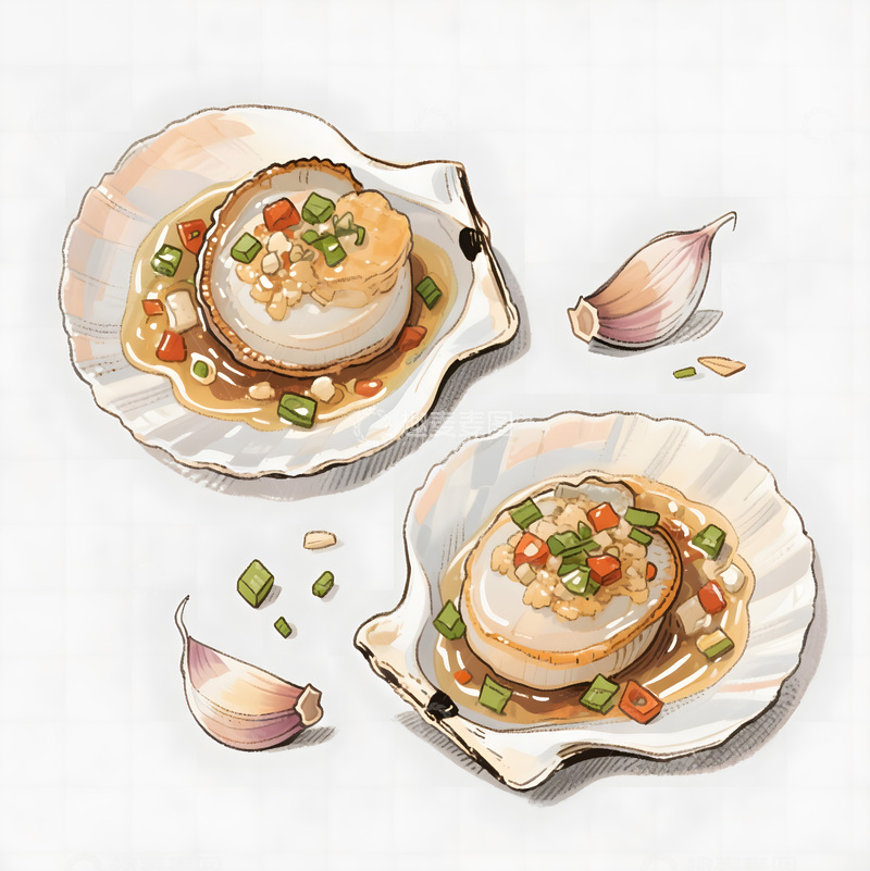 高清大图下载【趣麦麦图】手绘蒜蓉扇贝粉丝插画插图