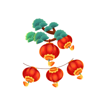 元旦春节新年松枝树枝红灯笼