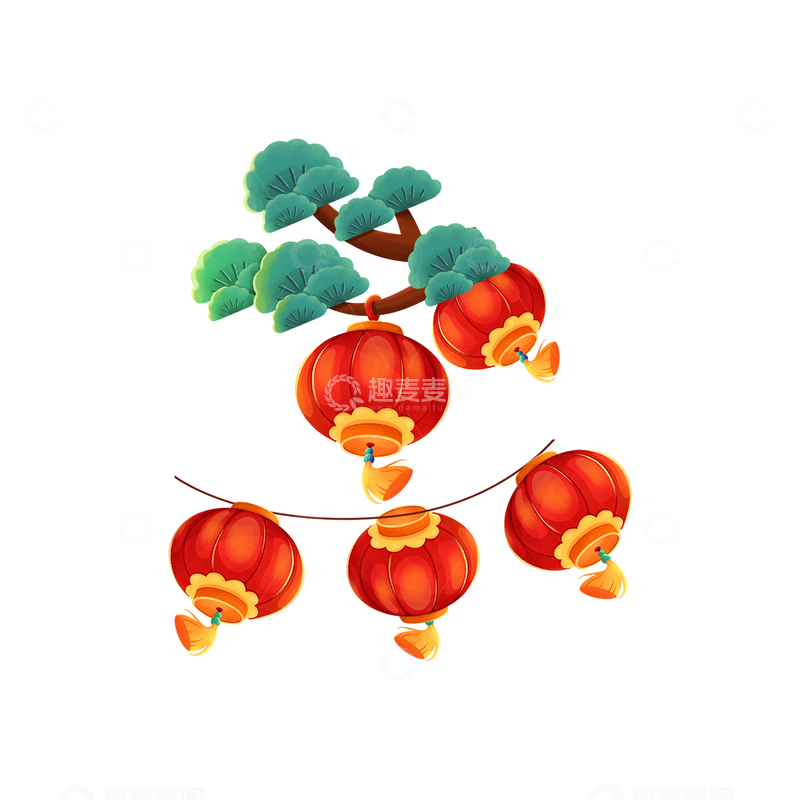 源文件下载【趣麦麦图】元旦春节新年松枝树枝红灯笼
