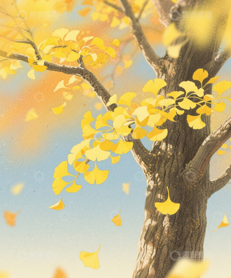 高清大图下载【趣麦麦图】立秋银杏林插画背景素材