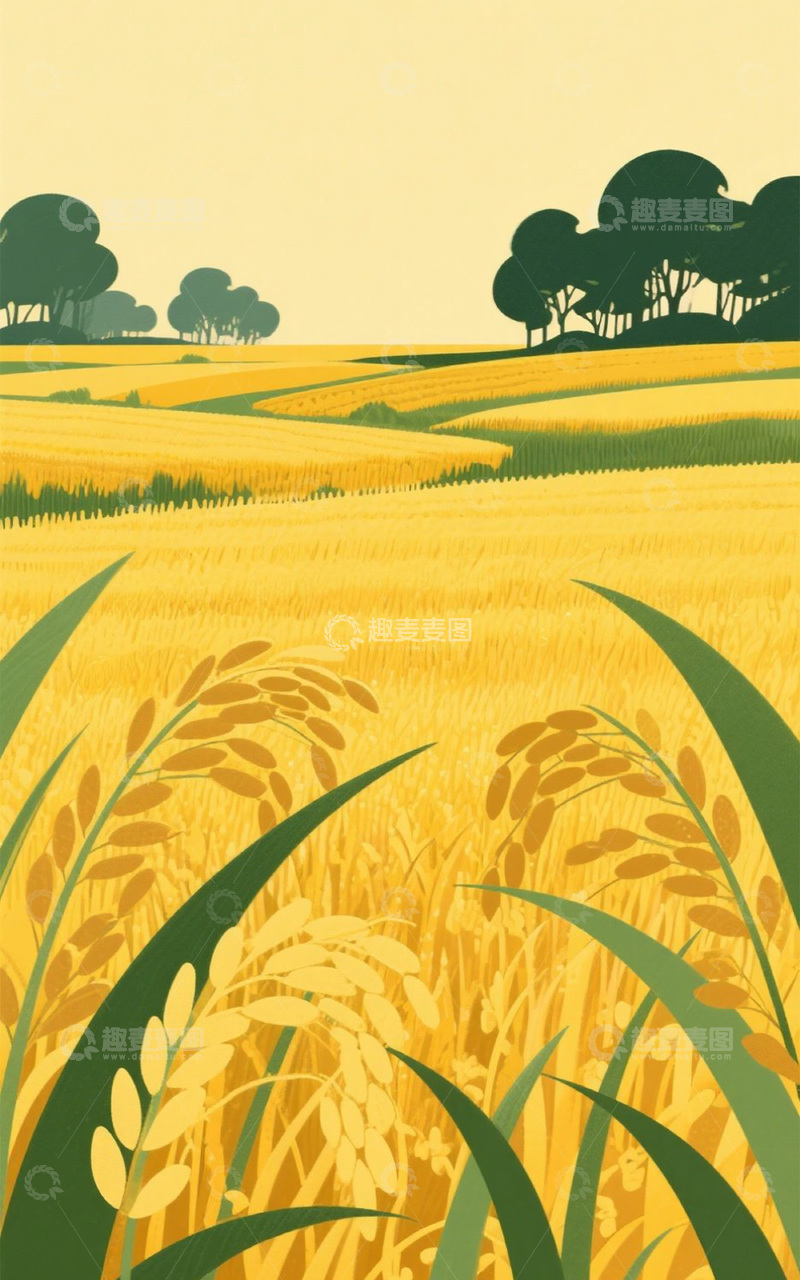 高清大图下载【趣麦麦图】秋日稻田插画背景素材