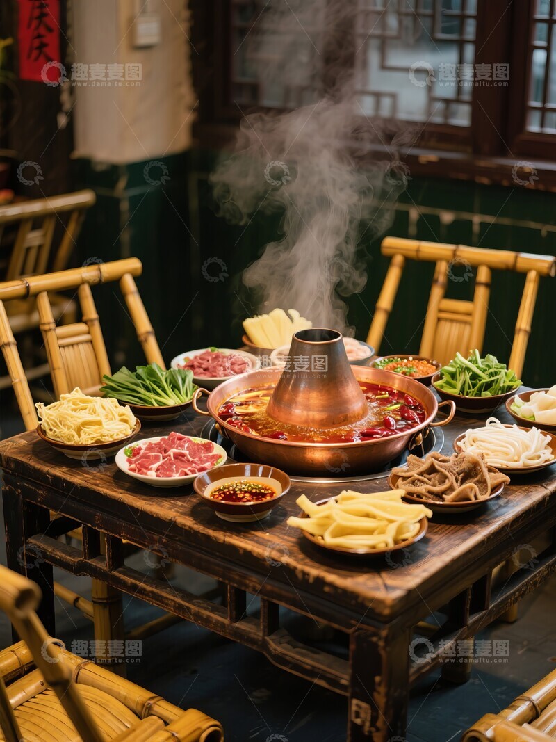 高清大图下载【趣麦麦图】四川火锅餐厅和桌上的菜