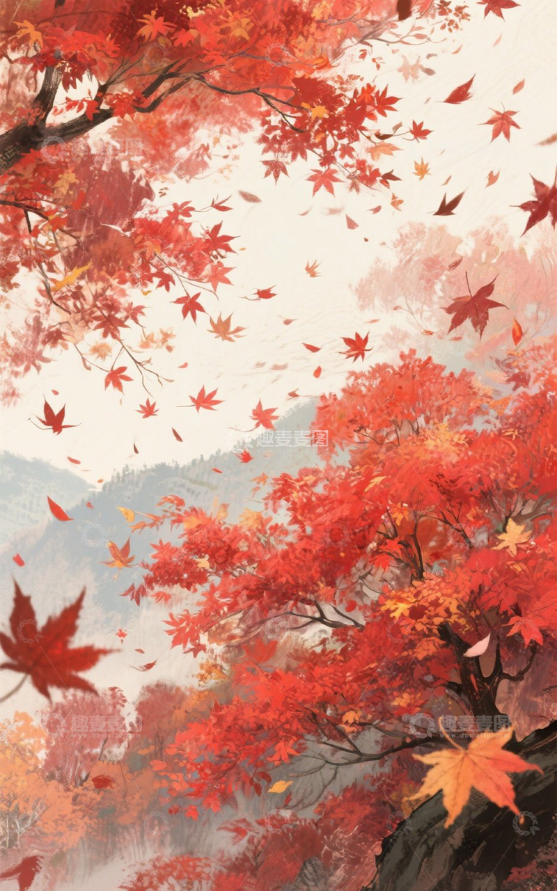 高清大图下载【趣麦麦图】秋天红枫叶山水插画素材