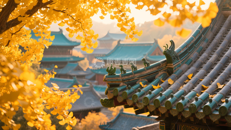 高清大图下载【趣麦麦图】中国风秋季古建筑屋檐银杏商业照片