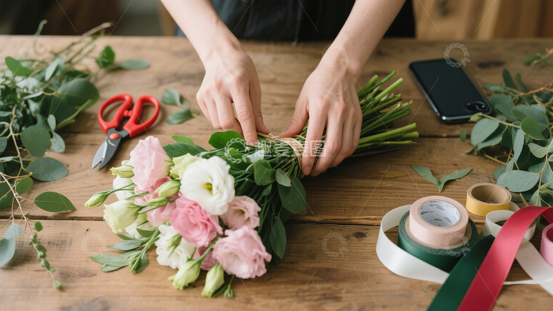 高清大图下载【趣麦麦图】鲜花手工花艺创作双手捆绑花束花艺材料