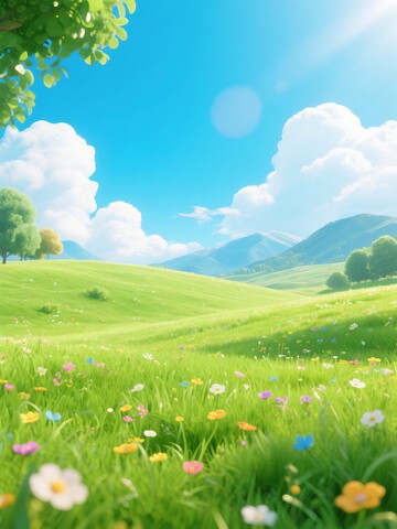 卡通蓝天草地野花背景