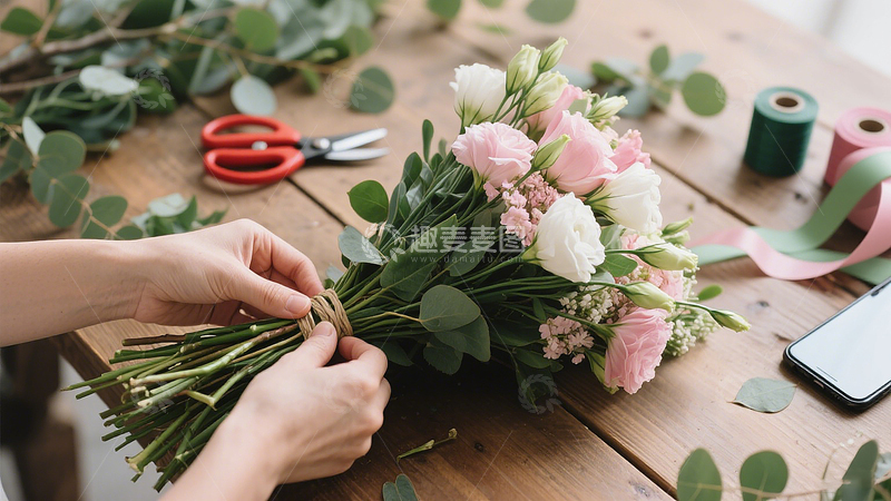 高清大图下载【趣麦麦图】花艺手工制作双手正用麻绳绑扎一束花束