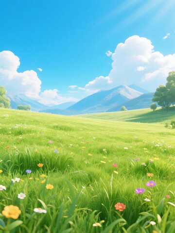 卡通蓝天草地野花手绘风格插画