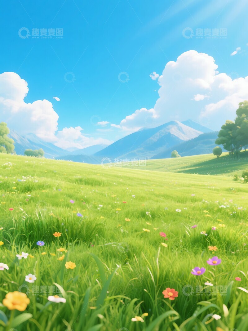 高清大图下载【趣麦麦图】卡通蓝天草地野花手绘风格插画