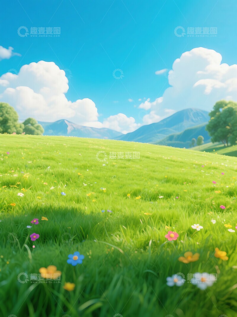 高清大图下载【趣麦麦图】卡通蓝天草地野花背景1
