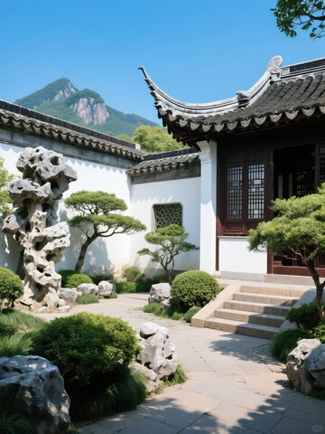 中式庭院建筑假山树木摄影