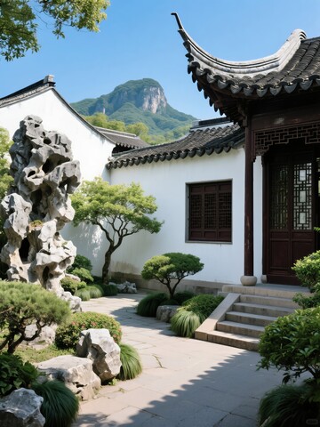 中式南方庭院建筑假山树木