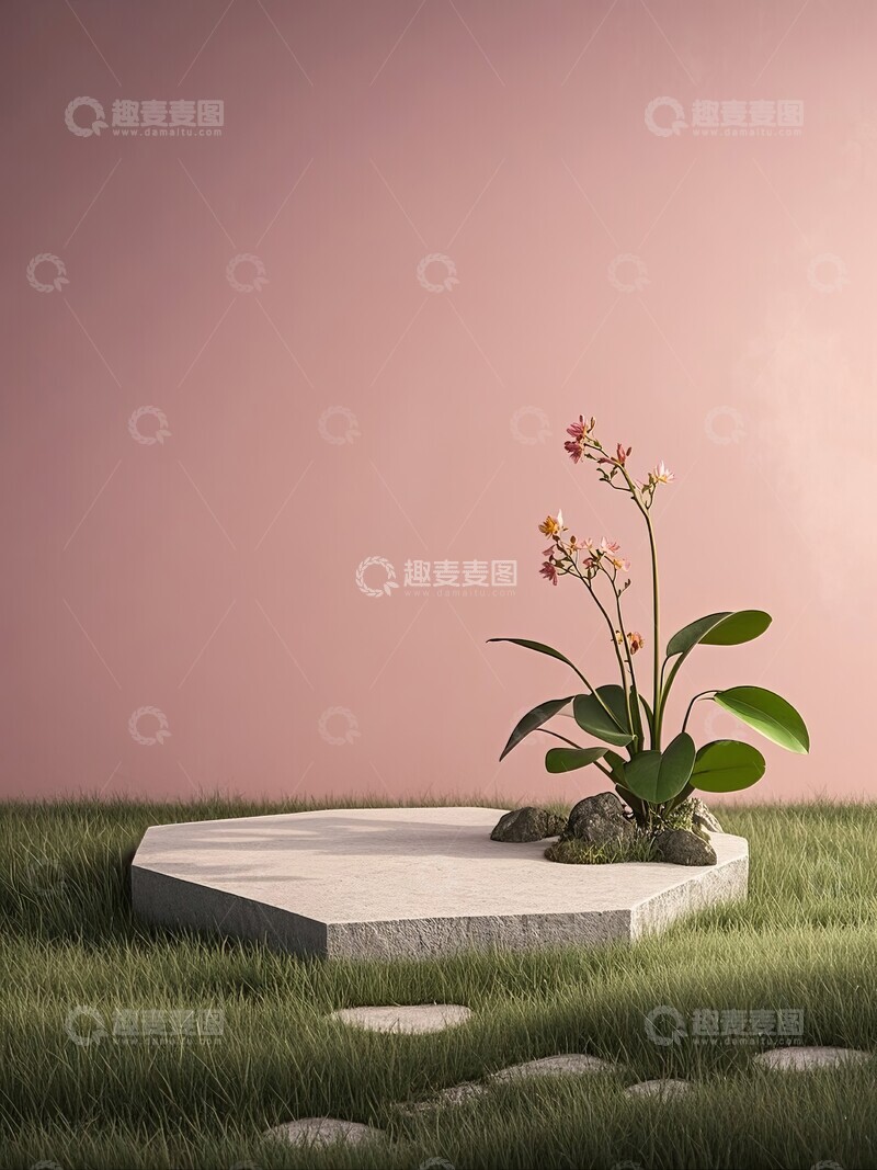 高清大图下载【趣麦麦图】粉色墙面植物花朵电商背景图