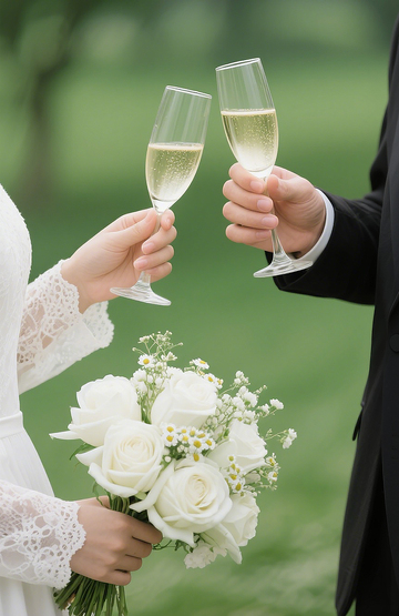 婚礼碰杯场景一对新人手持香槟杯碰杯