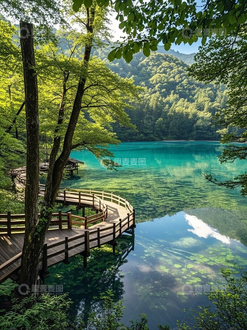 高清大图下载【趣麦麦图】山中森林湖泊中的栈道
