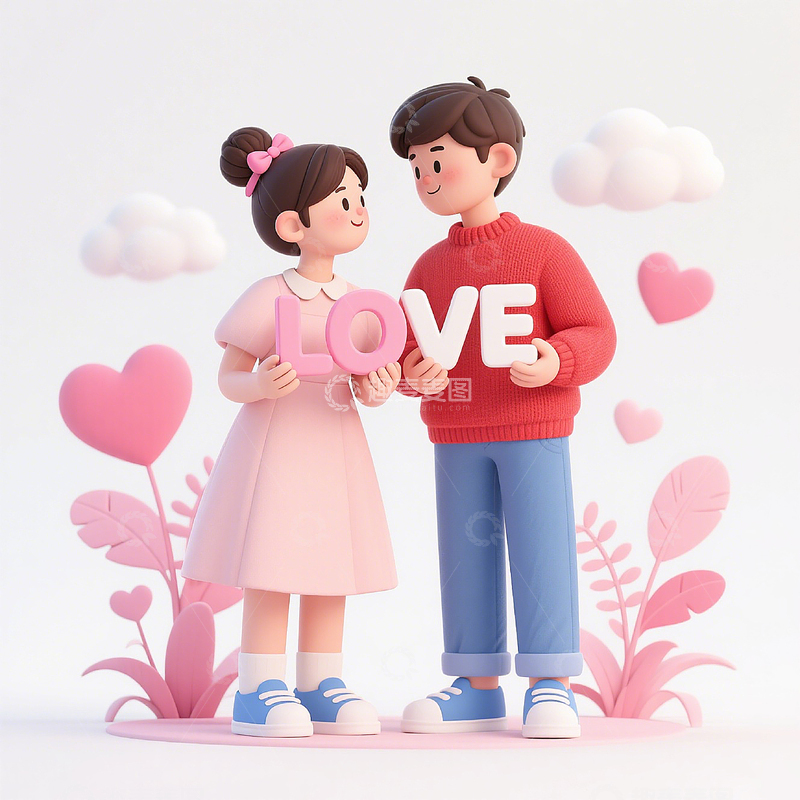 高清大图下载【趣麦麦图】3D萌趣情侣共举LOVE插画立体人物素材