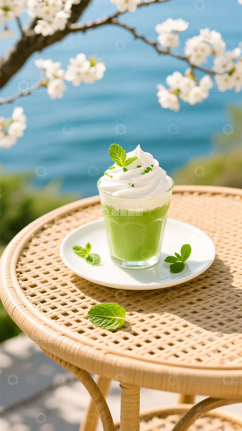 高清大图下载【趣麦麦图】清新抹茶饮露台圆桌抹茶饮品顶奶油饰薄荷叶